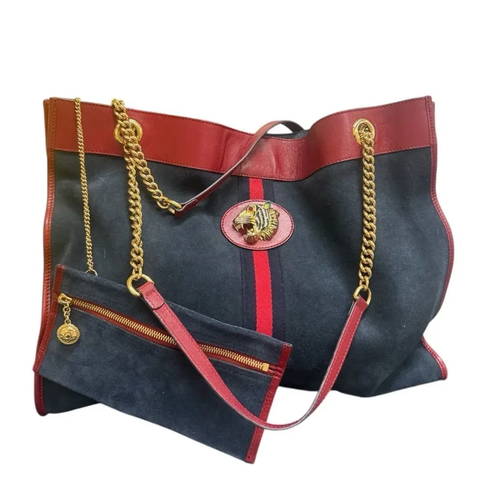 GUCCI Navy Blue Suede & Red Leather Trim Large Sylvie Web Rajah Tote Bag - Picture 2 of 16